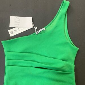 Zara Green Asymmetrical Ruched Cocktail Dress